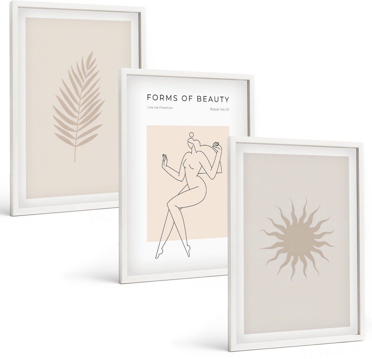 Wallfluent 3-Delige Schilderij Set - Een Verzameling Minimalistische Vormen En Natuurlijke Figuren - 40 x 60 - Stijlvolle Muurdecoratie - Slaapkamer - Wanddecoratie