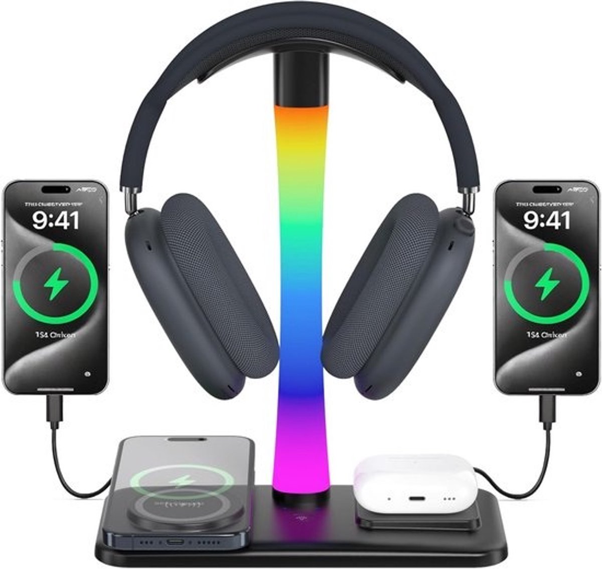 Headset Standaard met RGB Verlichting en Draadloze Oplader