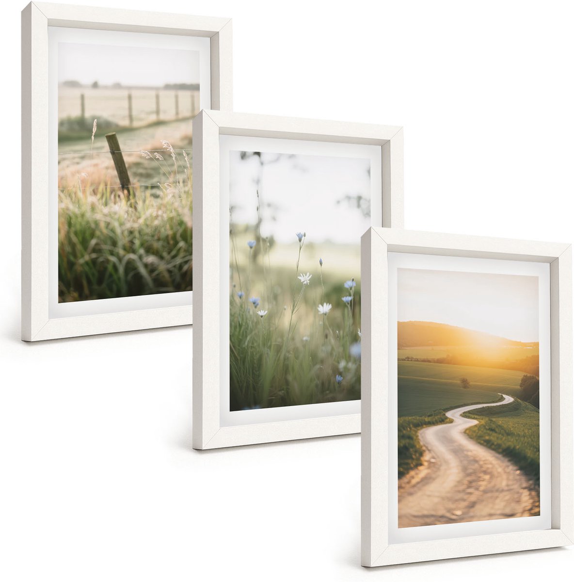 Wallfluent 3-Delige Schilderij Set - Landschap Met Een Weide, Een Weg En Een Zonsondergang. - 20 x 30 - Wanddecoratie - Muurdecoratie - Moderne Interieurdecoratie - Moderne Wanddecoratie