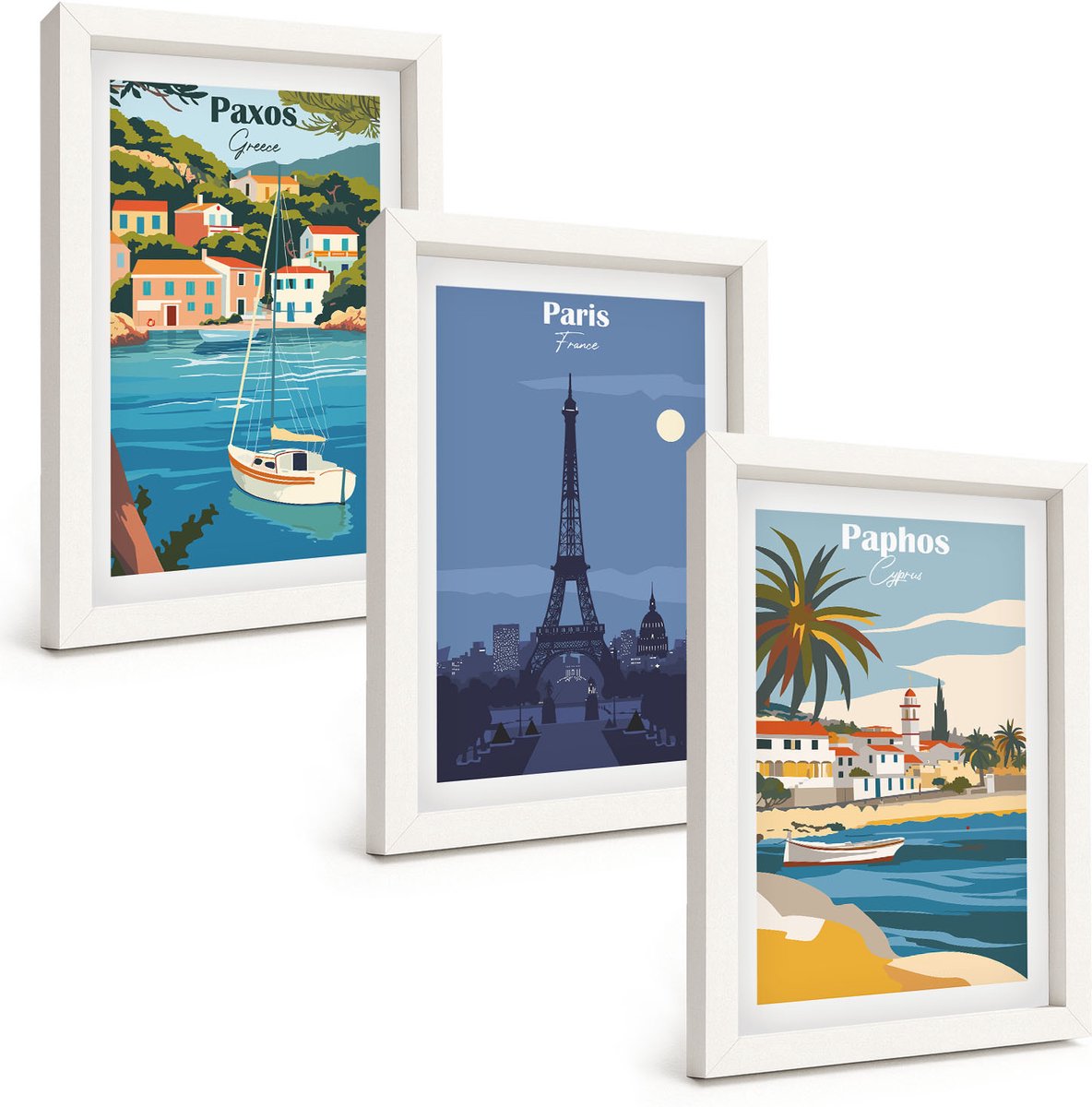 Wallfluent 3-Delige Schilderij Set - Uitzichten Op Kuststeden En Hun Architectuur - 20 x 30 - Muurdecoratie - Schilderijen Set - Woonkamer - Woonkamer Decoratie