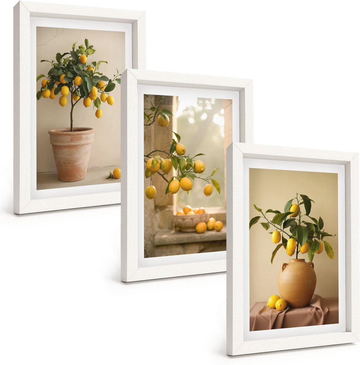 Wallfluent 3-Delige Schilderij Set - Citroenbomen In Potten En Op De Vensterbank - 20 x 30 - Wanddecoratie - Schilderijen Set - Interieur - Stijlvolle Muurdecoratie