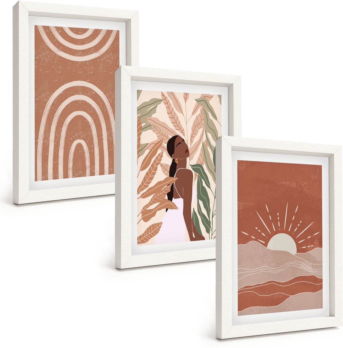 Wallfluent 3-Delige Schilderij Set - Boho Abstracte Vormen En Illustraties - 20 x 30 - Decoratieve Muurdecoratie - Slaapkamer - Decoratieve Schilderijen