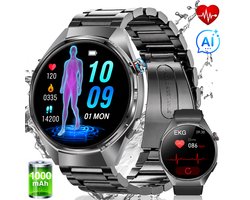 FOSMET Smartwatch Heren en Dames - AI-Gezondheidsanalyse - ECG, PPG, BMI & SpO2 - 1,43 Inch AMOLED - 1000mAh - Hartslagmeter & Bloeddrukmeting - Lichaamstemperatuur - MET-meting - 100+ Sportmodi - Fitnesstracker - 5ATM Waterdicht - 2 Bandjes - Zwart