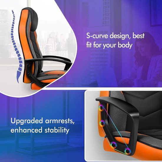 Gaming Stoel - Bureau Stoel - Langdurig Zitten - Ergonomisch Ontwerp - 70 cm Diep - Oranje — afbeelding 5