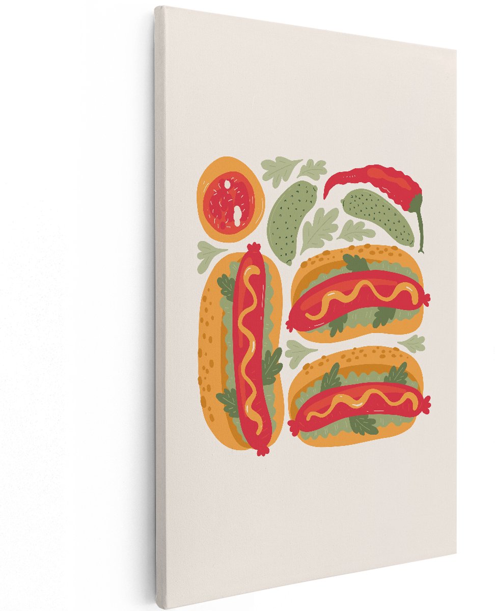 Artaza Canvas Schilderij Hotdog - 120x180 cm - Groot - Wanddecoratie Keuken - Muurdecoratie Eten - Decoratie Illustratie - Schilderijen Op Canvas
