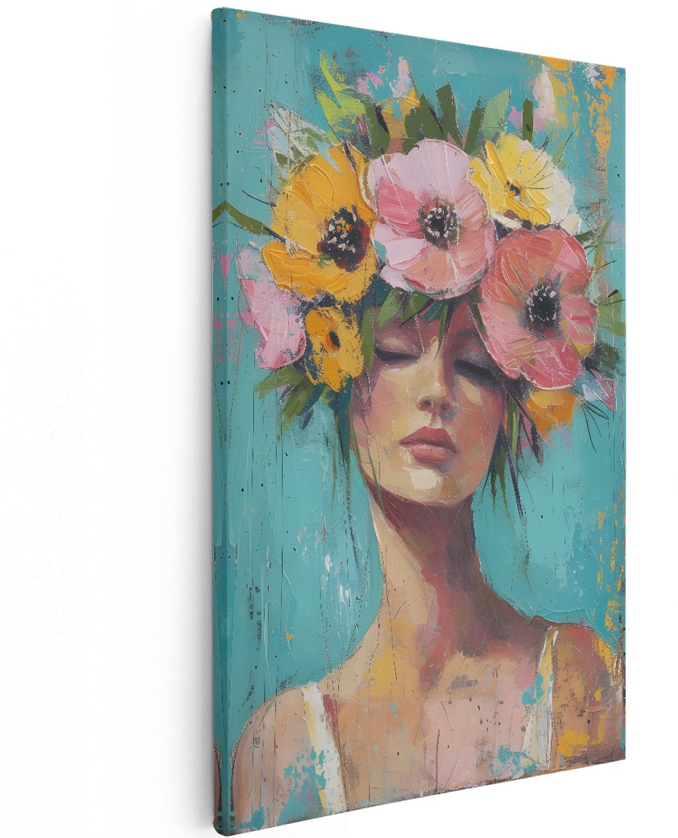 Artaza Canvas Schilderij Vrouw Met Bloemen - 120x180 cm - Groot - Wanddecoratie Boho - Muurdecoratie Bloemenkrans - Decoratie Woonkamer - Turquoise