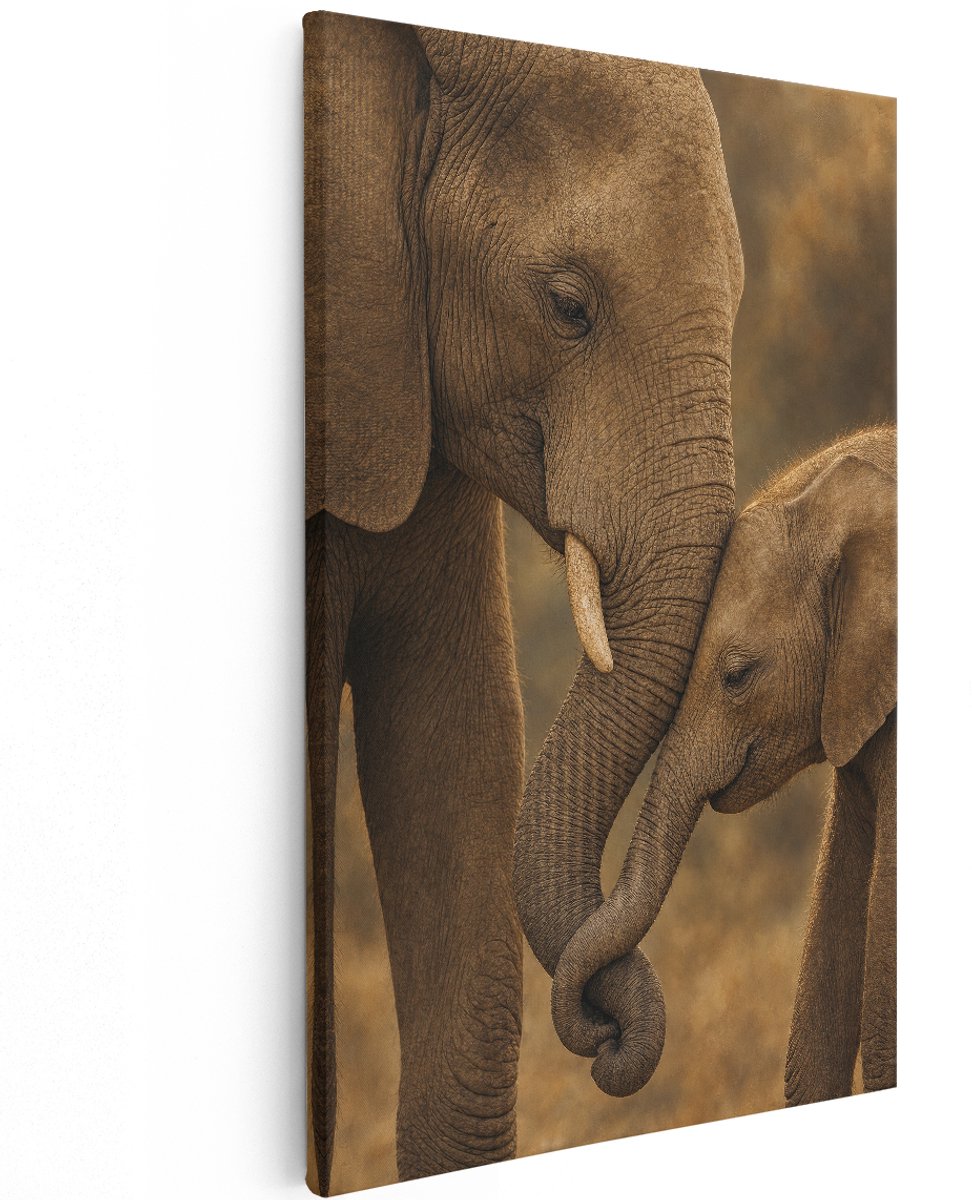 Artaza Canvas Schilderij Olifant Met Kalf - Natuur - Warm Bruin - 120x180 cm - Groot - Wanddecoratie Woonkamer - Schilderijen - Muurdecoratie