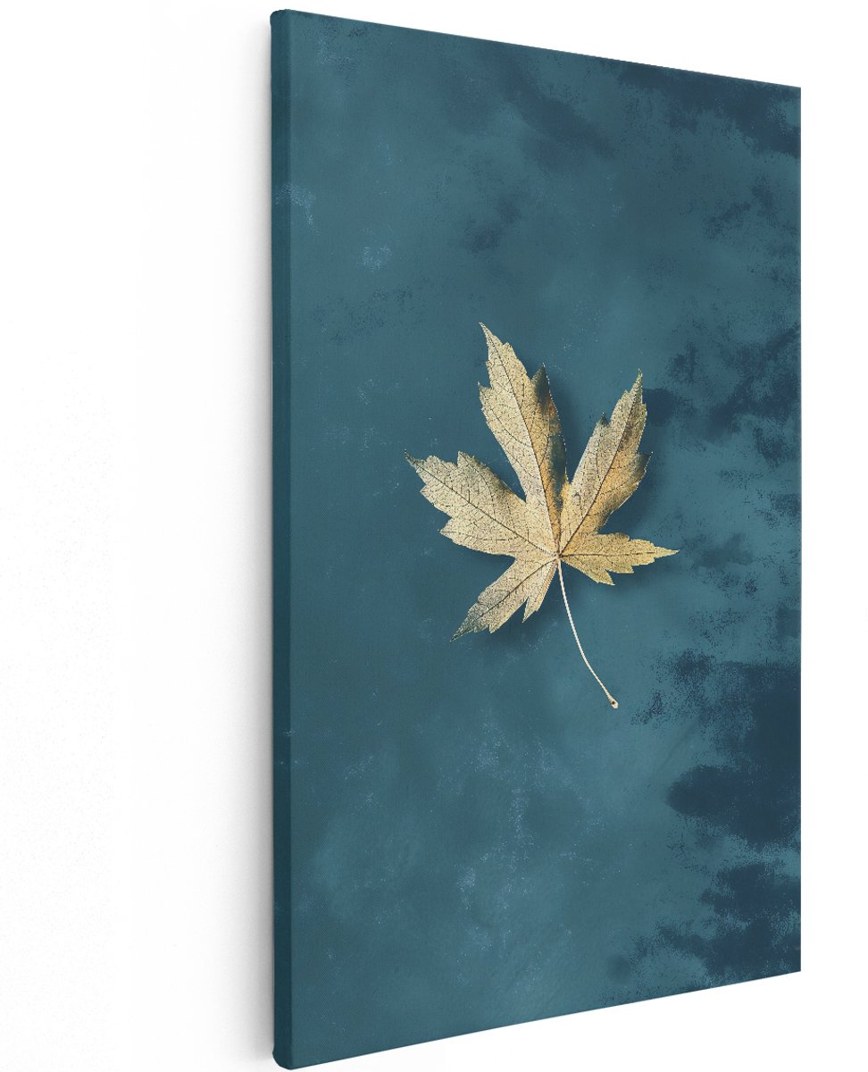 Artaza Canvas Schilderij Esdoornblad - 120x180 cm - Groot - Wanddecoratie Natuur - Muurdecoratie Goud - Decoratie Stilleven - Blauw