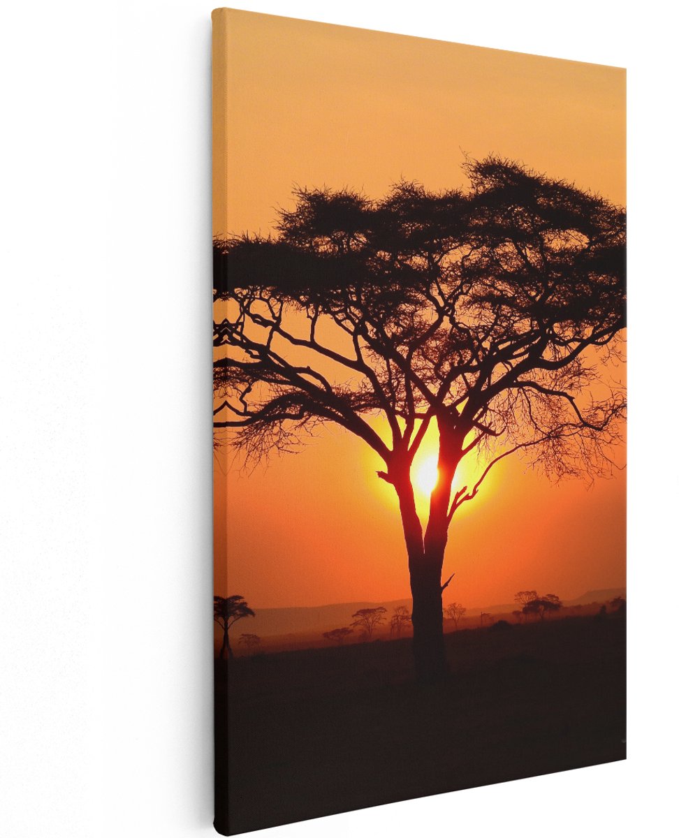 Artaza Canvas Schilderij Zonsondergang Achter Een Savanne Boom - 120x180 cm - Groot - Wanddecoratie Woonkamer - Schilderijen - Muurdecoratie