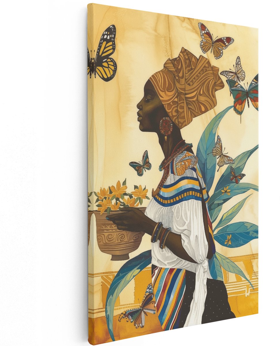 Artaza Canvas Schilderij Afrikaanse Vrouw met Mand en Vlinders - Dieren - 120x180 cm - Groot - Wanddecoratie Woonkamer - Schilderijen - Muurdecoratie