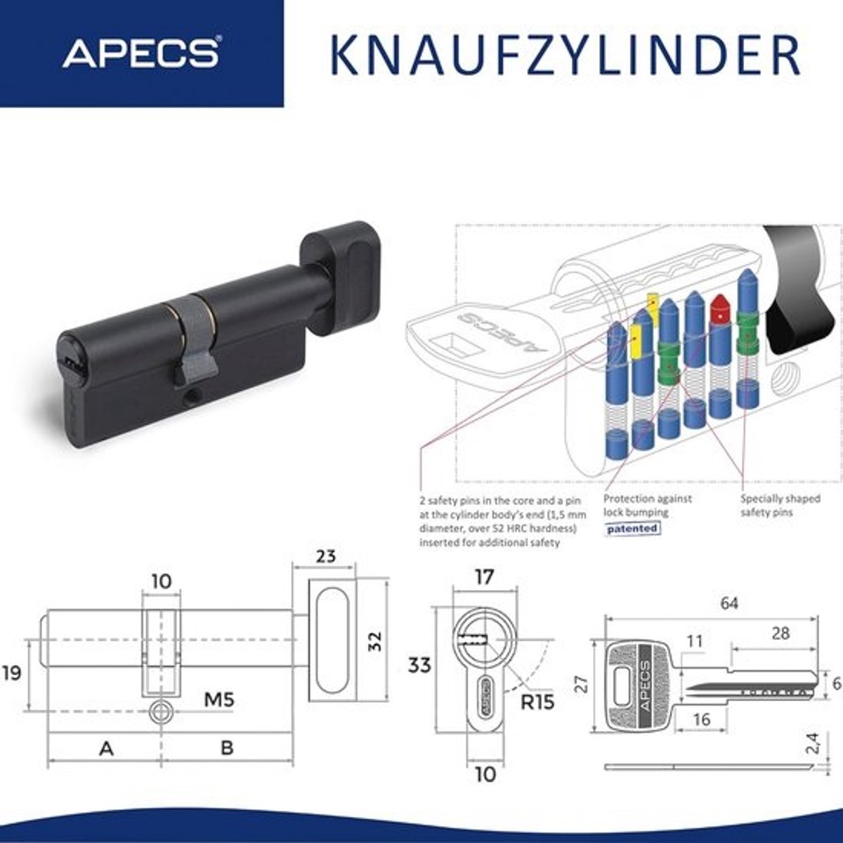 Zwarte Knopcilinder Sluitcilinder 100 mm met 5 Sleutels voor Deurslot