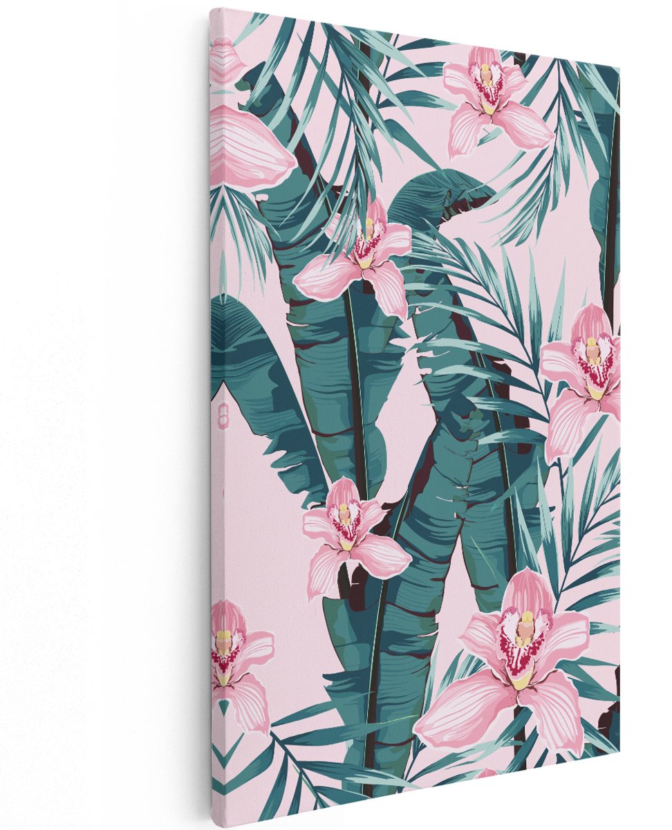 Artaza Canvas Schilderij Tropische Roze Zomer Bloemen Met Bladeren - 120x180 cm - Groot - Wanddecoratie Woonkamer - Schilderijen - Muurdecoratie