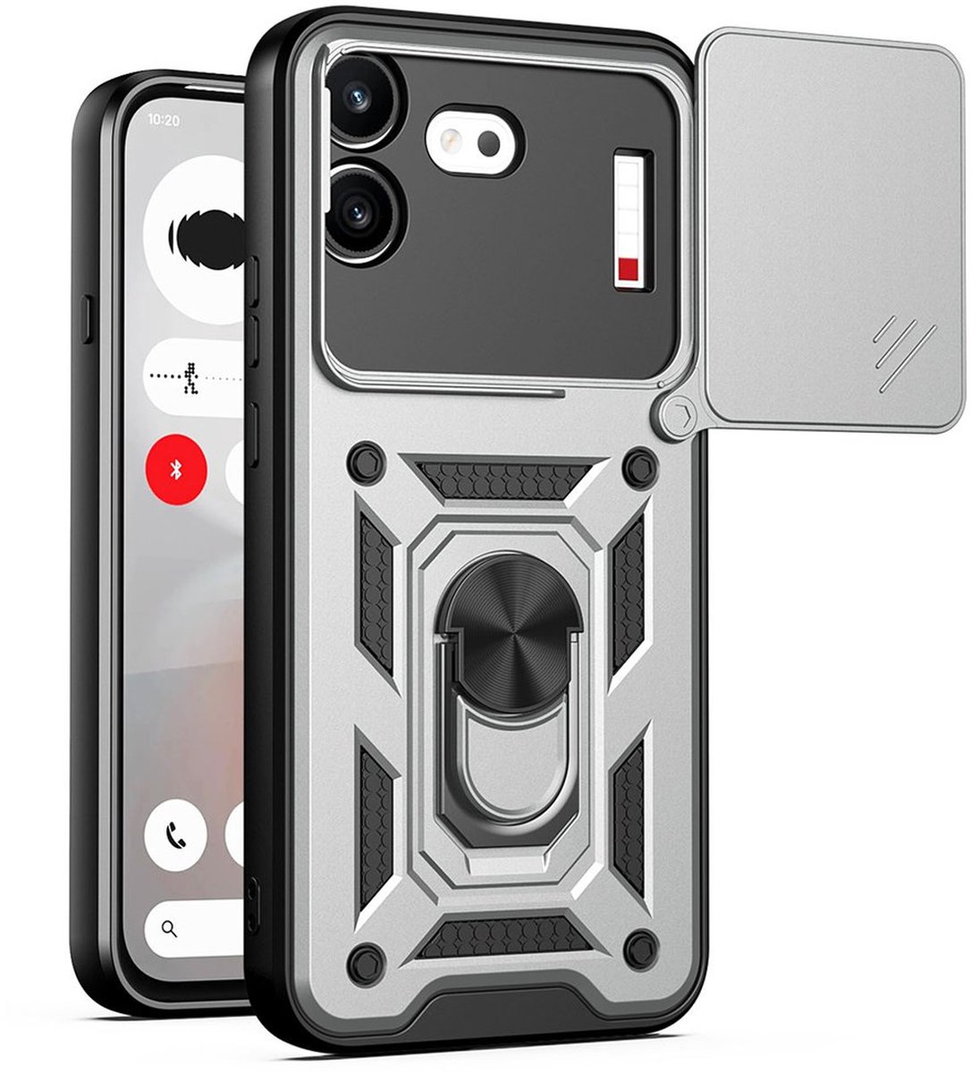 MobyDefend Hoesje - Geschikt voor Nothing Phone (4b) - Pantsercase Met Draaibare Ring - Zilvergrijs