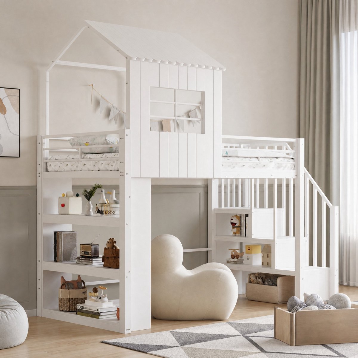 REDOM - Hoogslaper met opbergruimte - Huisdesign - Trap links/rechts - Uitvalbeveiliging - MDF en metaal - Wit - 253,2 x 90,5 x 211,2 cm