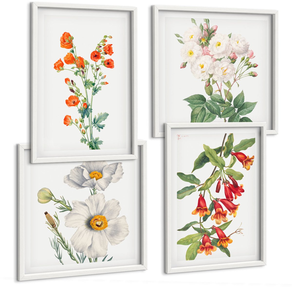 Wallfluent 4-Delige Schilderij Set - Bloemcomposities Retro Vintage Schilderij - 40 x 40 En 40 x 60 - Wanddecoratie - Schilderijen Set - Interieur - Stijlvolle Muurdecoratie