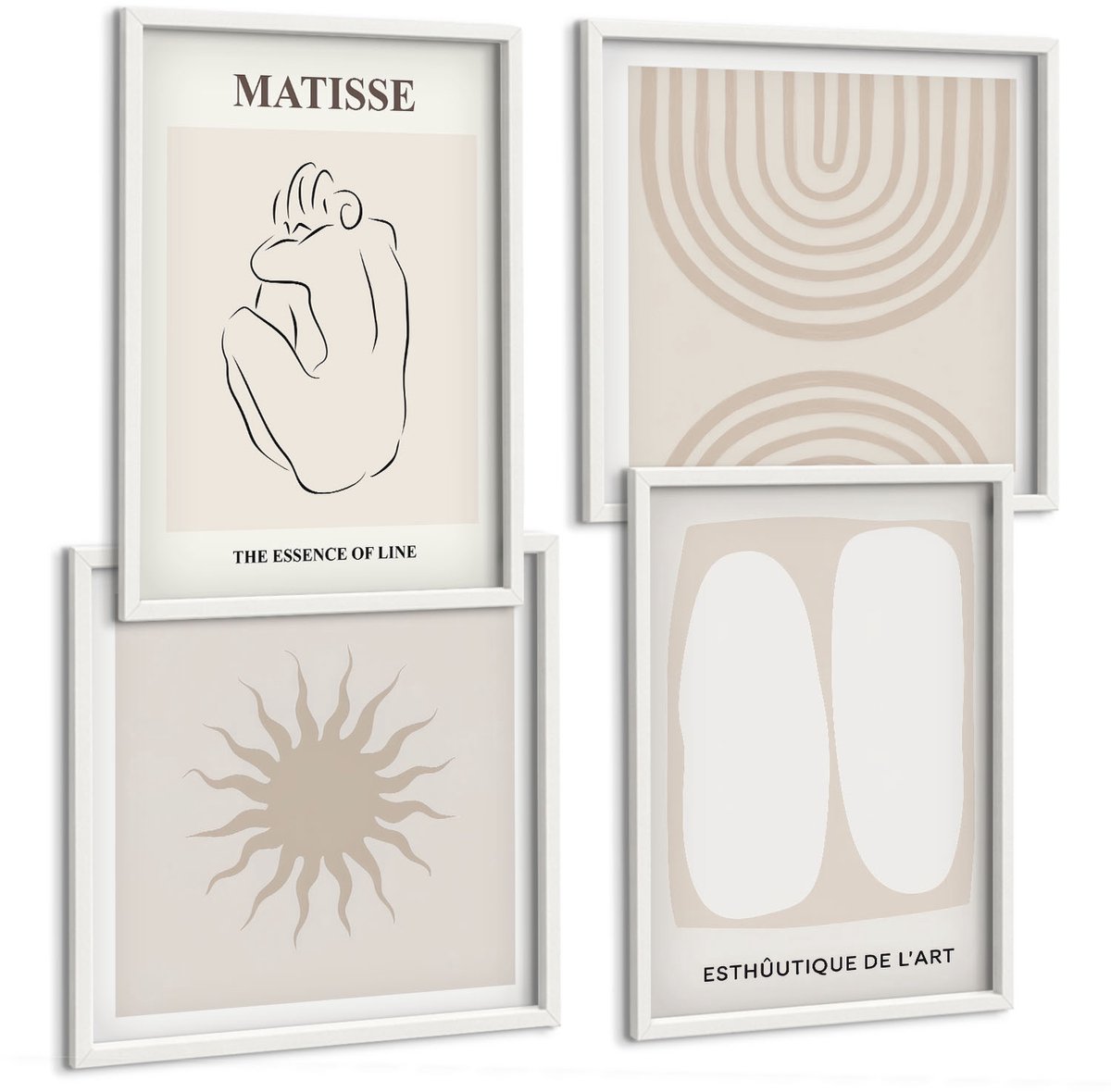 Wallfluent 4-Delige Schilderij Set - Stijlvolle Lijnen En Minimalistische Vormen In Neutrale Tinten. - 40 x 40 En 40 x 60 - Wanddecoratie - Woonkamer Decoratie - Decoratieve Schilderijen