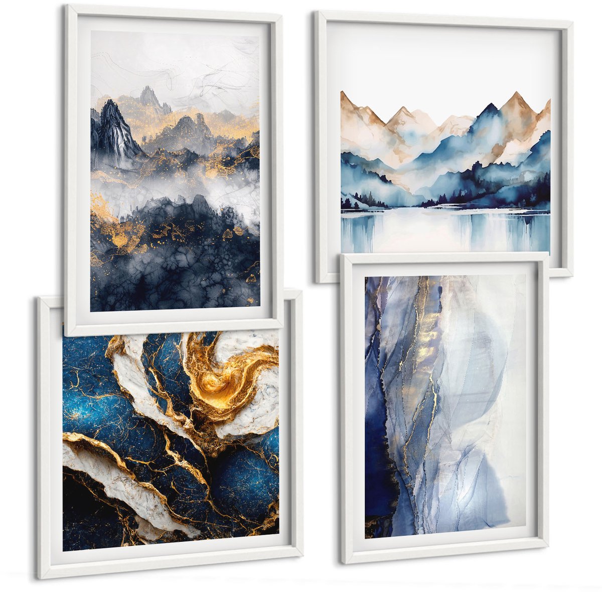 Wallfluent 4-Delige Schilderij Set - Berglandschappen Met Blauwe En Grijze Tinten - 40 x 40 En 40 x 60 - Wanddecoratie - Muurdecoratie - Moderne Interieurdecoratie