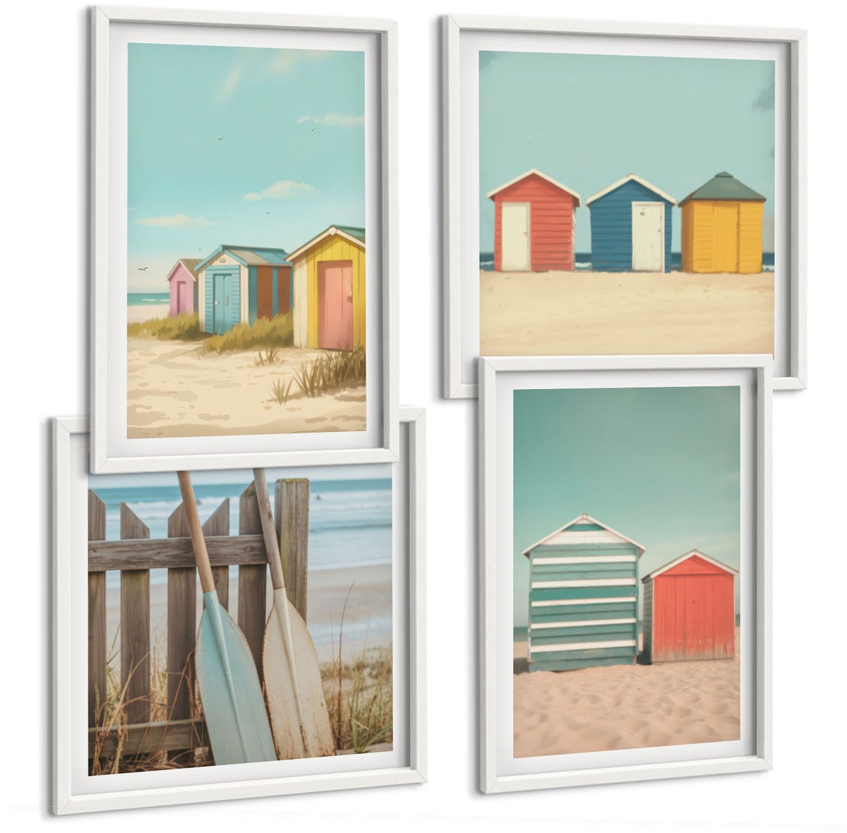 Wallfluent 4-Delige Schilderij Set - Kleurrijke Strandhuisjes In De Zomerzon - 40 x 40 En 40 x 60 - Wanddecoratie - Schilderijen Set - Interieur - Interieur Decoratie