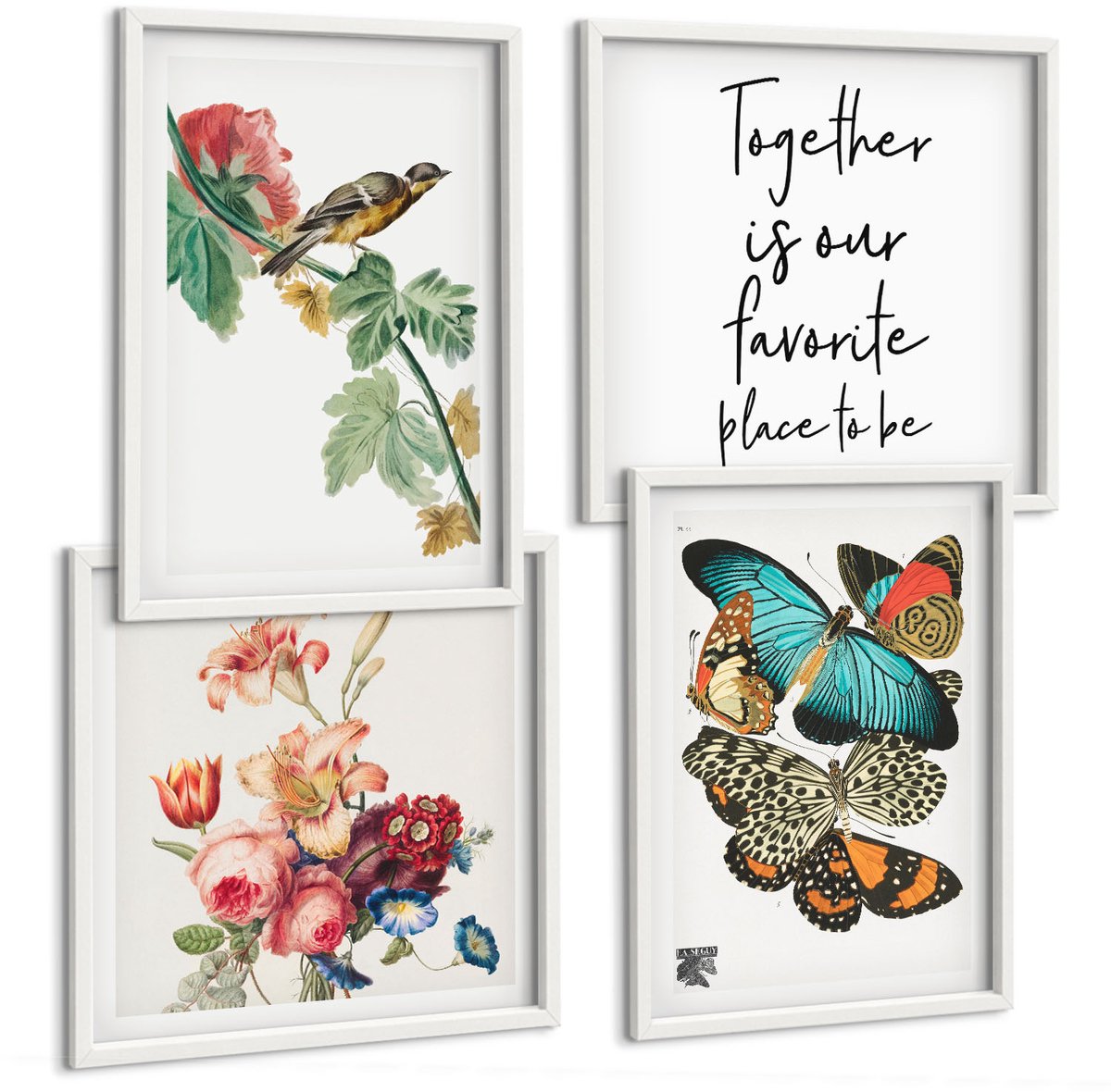 Wallfluent 4-Delige Schilderij Set - Bloemen, Vlinders En Vogels In Pasteltinten - 40 x 40 En 40 x 60 - Muurdecoratie - Decoratieve Schilderijen - Wohnzimmer