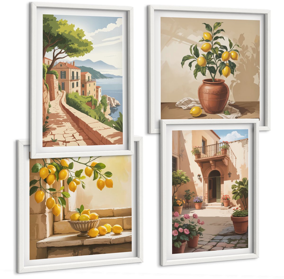 Wallfluent 4-Delige Schilderij Set - Citrusvruchten In De Keuken, Uitzicht Op De Zee En Het Charmante Stadje. - 40 x 40 En 40 x 60 - Muurdecoratie - Wanddecoratie - Slaapkamer - Moderne Wanddecoratie