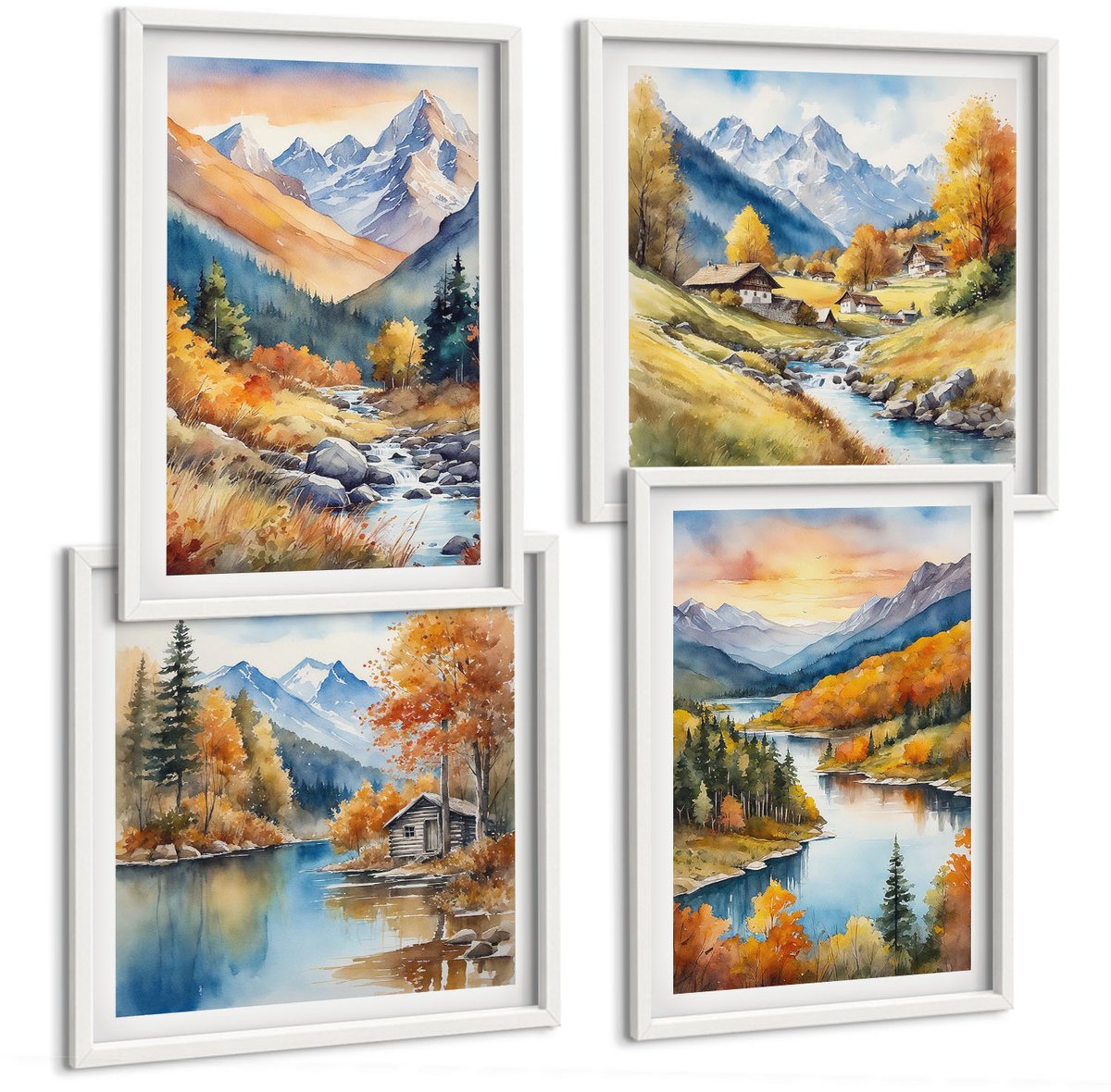 Wallfluent 4-Delige Schilderij Set - Berglandschap Met Een Rivier En Herfstbomen - 40 x 40 En 40 x 60 - Wanddecoratie - Muurdecoratie - Woonkamer - Interieur Decoratie