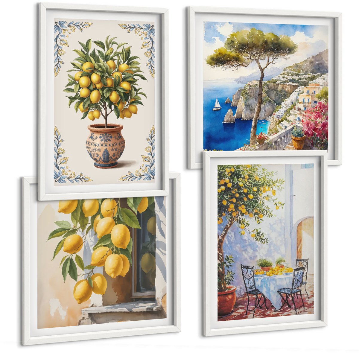 Wallfluent 4-Delige Schilderij Set - Citroenbomen En -Fruit In Een Zonnig Landschap - 40 x 40 En 40 x 60 - Stijlvolle Wanddecoratie - Interieur