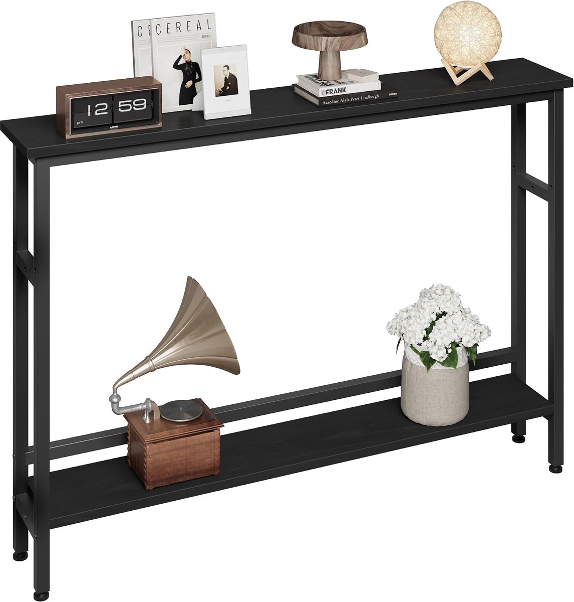 Smalle Sidetable - Console Tafel 100 cm Breed - Slechts 15 cm Diep - Haltafel met Verstelbare Plank - Industrieel Design - Zwart Houtlook - Achter de Bank Tafel
