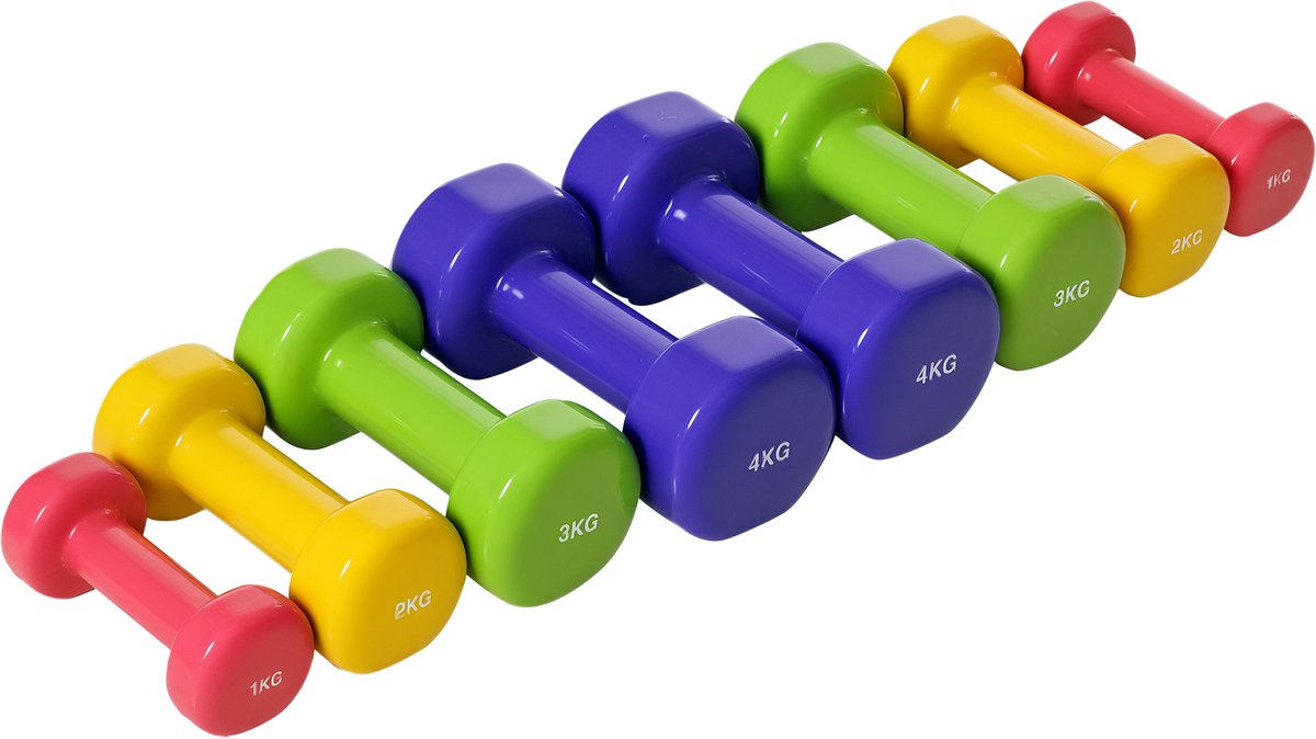 Set van 8 zeshoekige dumbbells van 20 kg, 4 paar (4 kg, 3 kg, 2 kg, 1 kg), gemaakt van neopreen met antislipcoating, geschikt voor thuisgymnastiek en training. Verkrijgbaar in meerdere kleuren.