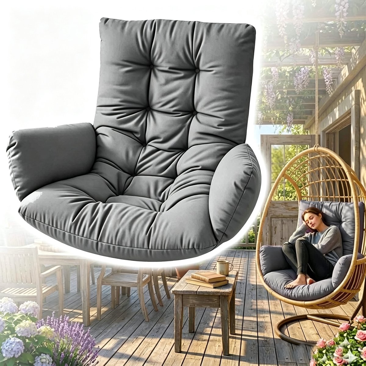 Schommelstoelkussen（Alleen kussen） - verdikt en zacht rugkussen - waterdichte tuinmat - geschikt voor binnen- en buitengebruik - toepasbaar op eivormige schommelstoelen, hangstoelen, tuinschommelstoelen