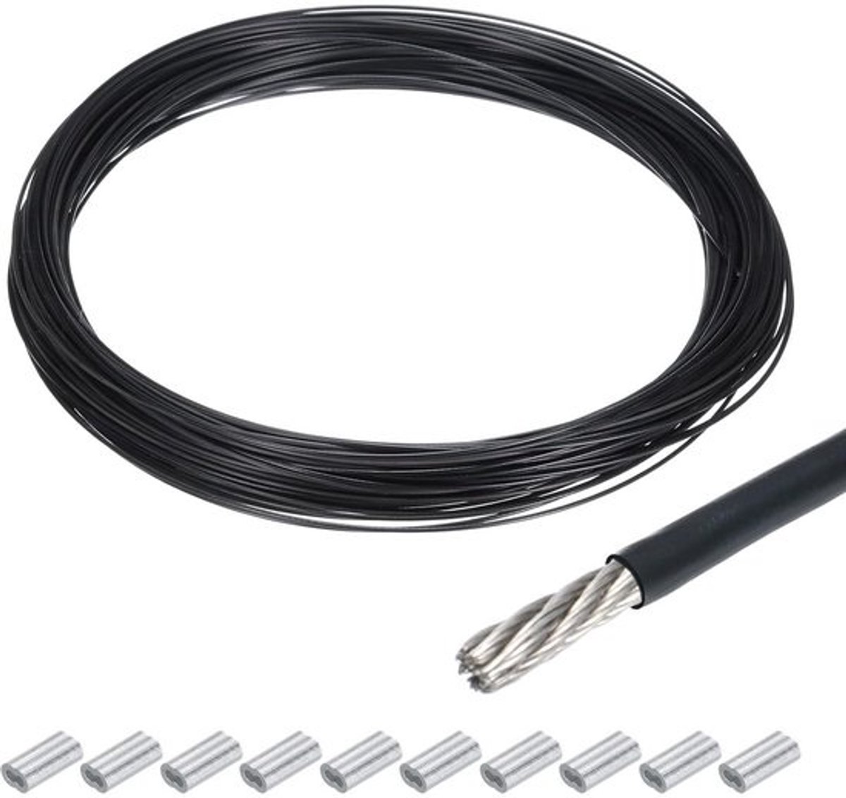 30m RVS Kabel 1mm Zwart Vinyl gecoat Staaldraad met 10 Aluminium Kousen - Multipurpose Ophangkabel