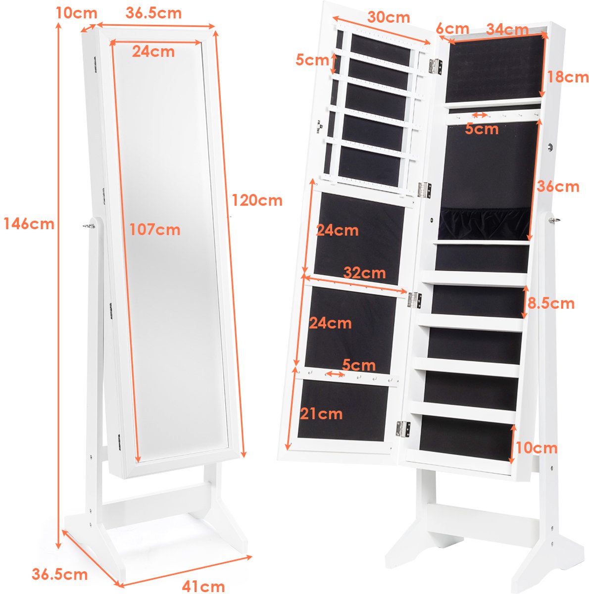 SureDeal® - Sieradenkast - Totale Lichaams Spiegel - Bruin - Wit - 41x36,5x146 cm
