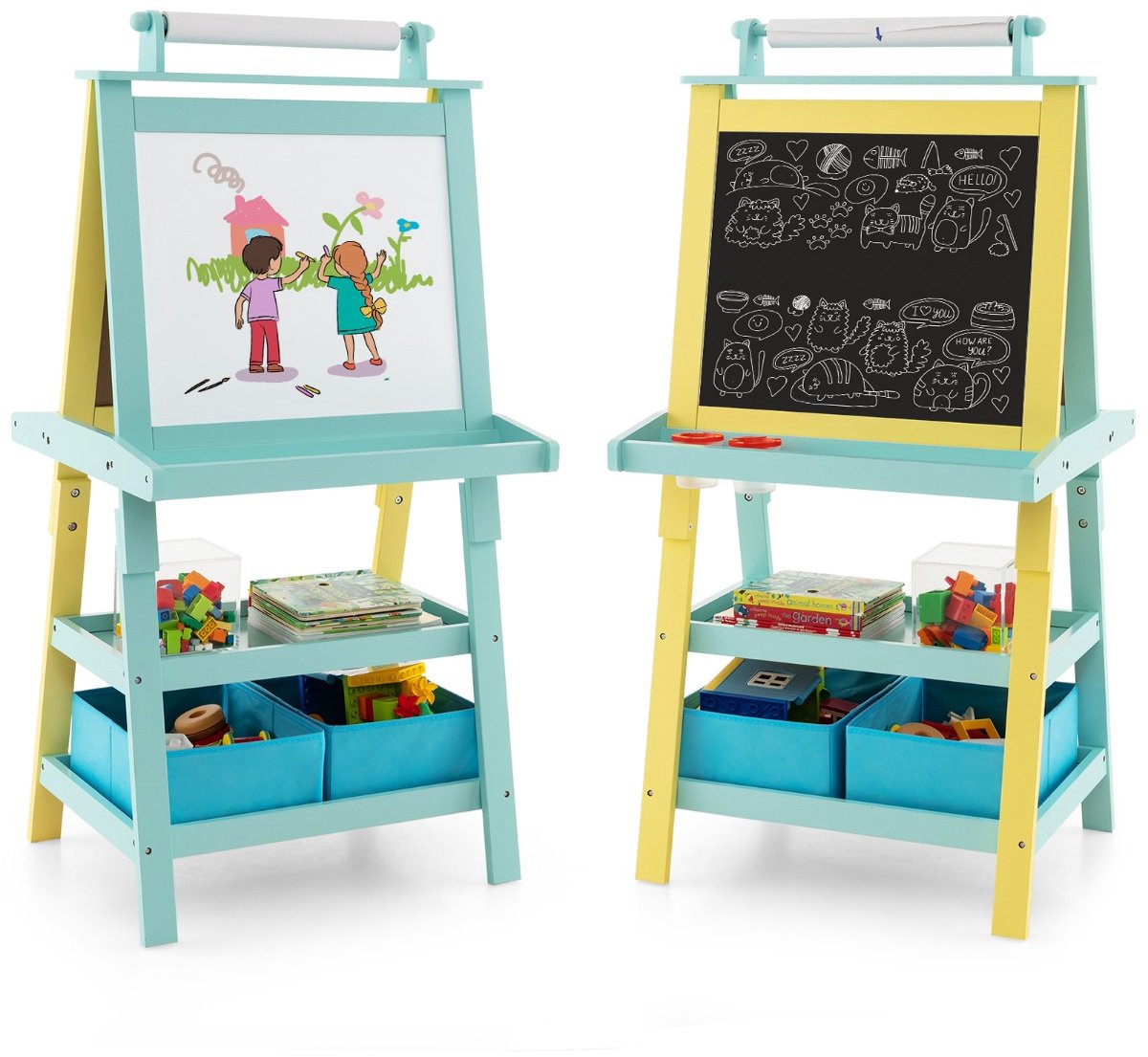 SureDeal® - Boekenkast - Kinderschildersezel Dubbelzijdig Whiteboard - Krijtbord - Tekenpapier Planken Houten - 59x50x117 cm - Blauw
