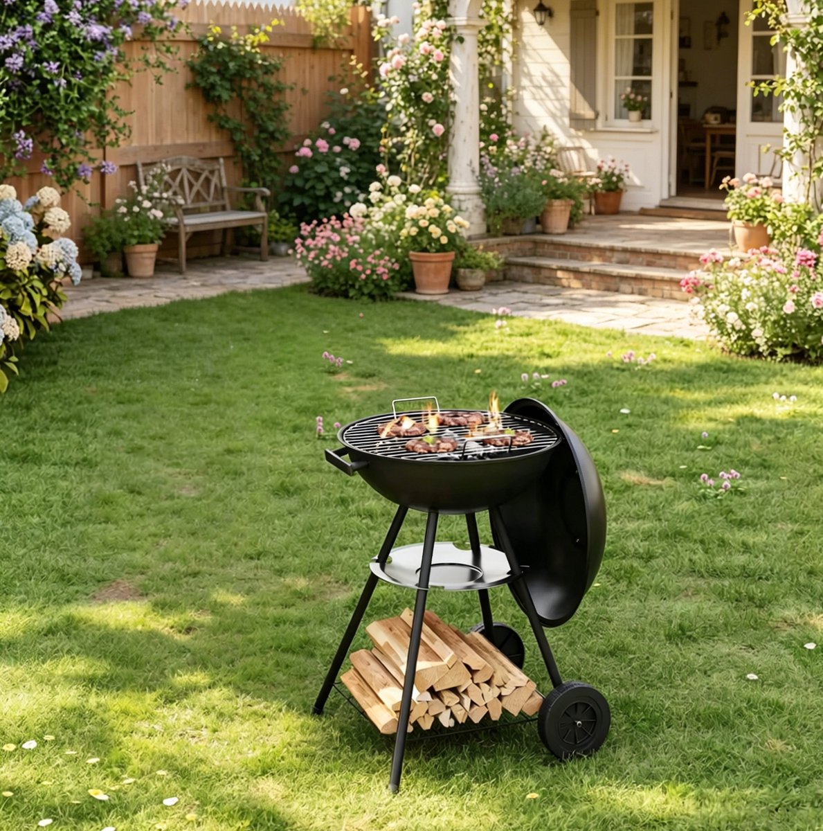 COVREO Houtskoolbarbecue 45,5 x 73 cm zwart metaal en plastic - met deksel en wielen