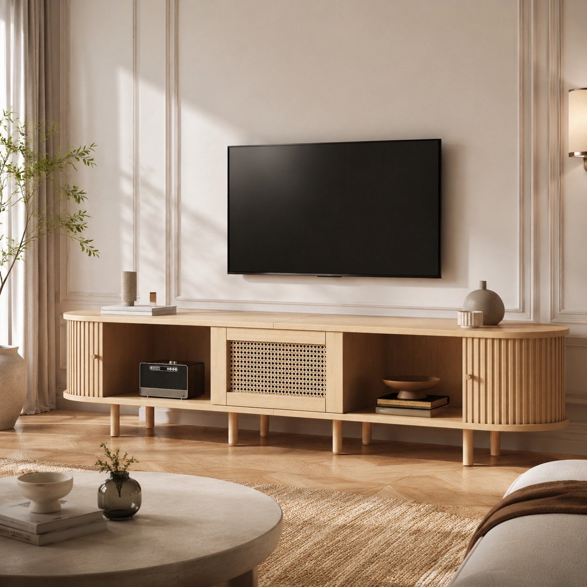 MODFU - TV Meubel - Schuifdeur - Lade - MDF - Natuurlijk - 180x40x40 Cm