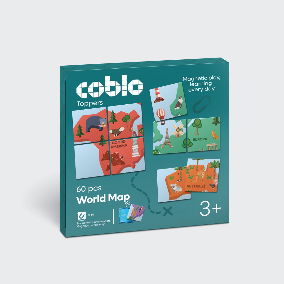 Coblo – Magnetic Tiles Toppers – Wereldkaart 60 stuks - Uitbreiding voor Magnetische tegels – Magnetisch speelgoed – Vanaf 3 jaar