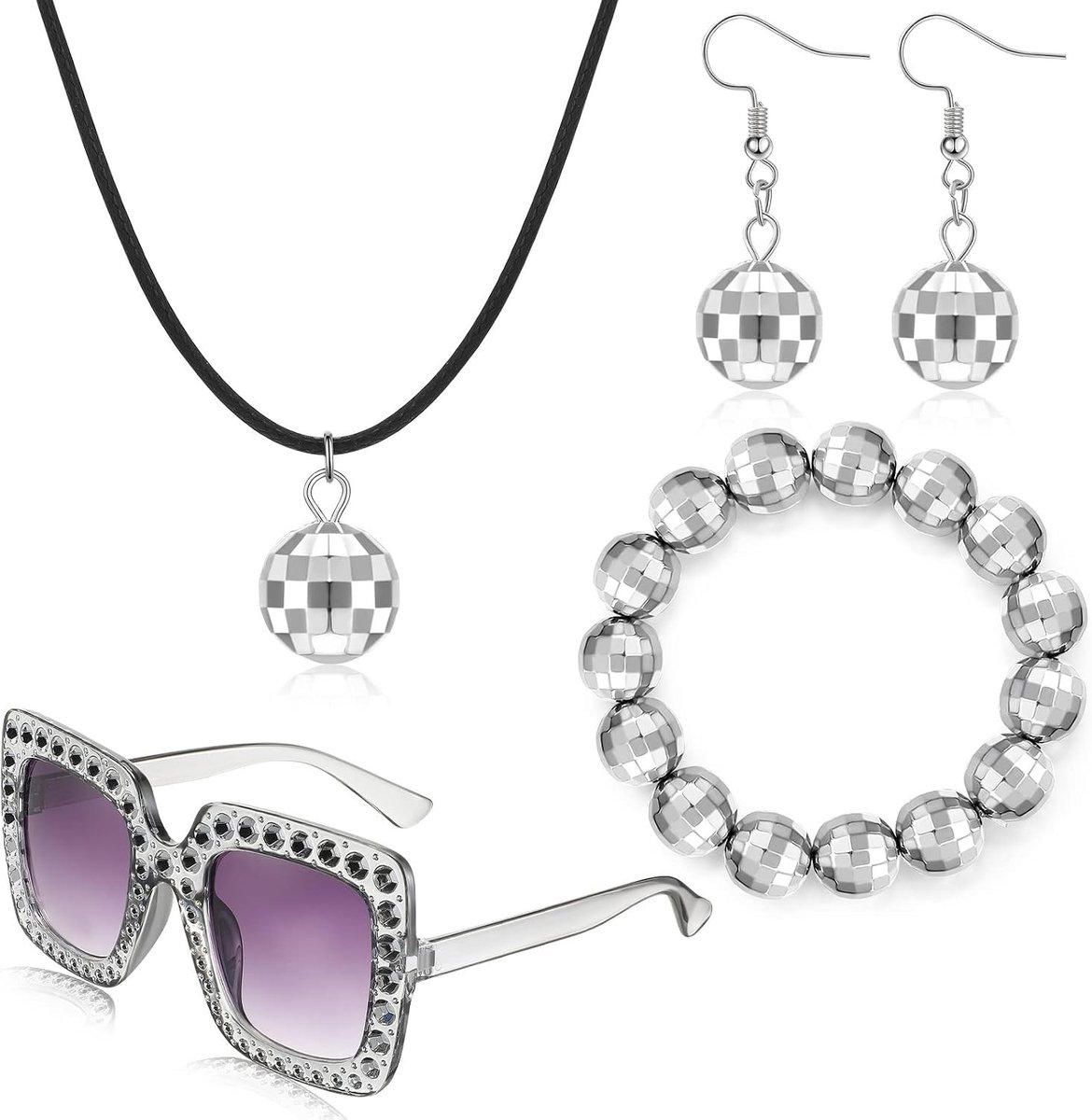 70s Disco Kostuum Accessoires Set met Bling Ball Oorbellen, Ketting, Armband en Oversized Zonnebril voor Feestkleding, Perfect voor Themafeesten en Retro Look