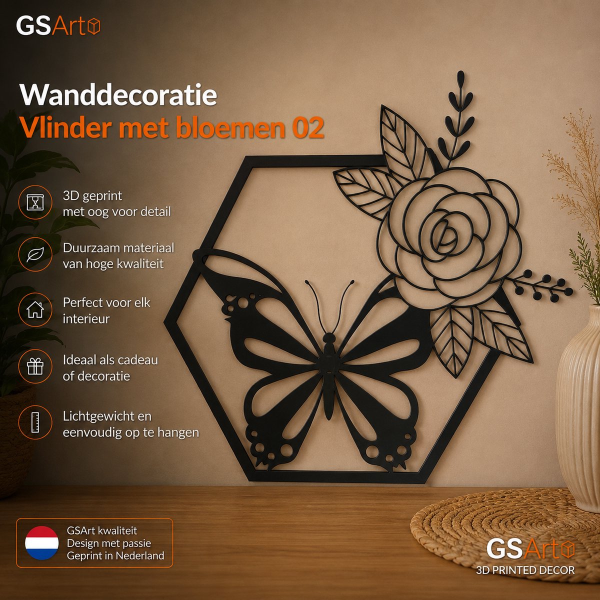 GSArt Wanddecoratie Vlinder met Bloemen 02 25 cm – 3D Geprinte Muurdecoratie