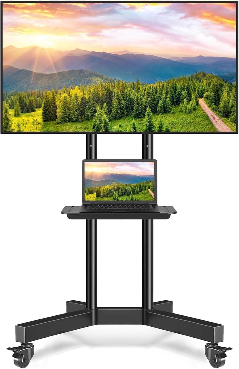 Mobiele TV Stand op Wielen voor 32-80 Inch LCD LED OLED 4K Smart TV's, TV Kar met Laptop en DVD Plank, Vergrendelbare Wielen, MAX 50 kg en VESA 600 x 400