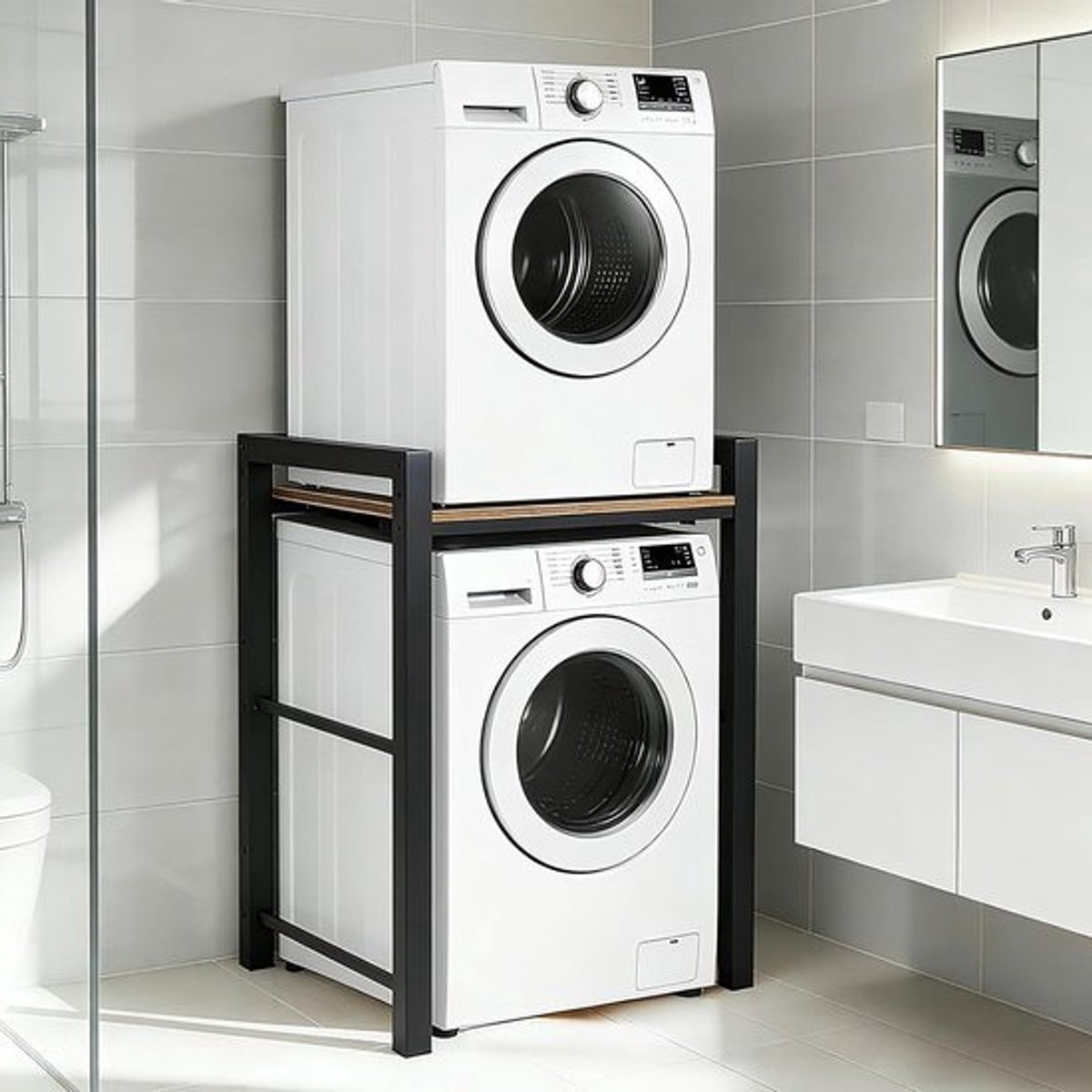 Wasmachinerek - Drogerrek Opbergrek - Badkamer Organiseren - In Hoogte Verstelbaar - 75x67x105cm - Zwart