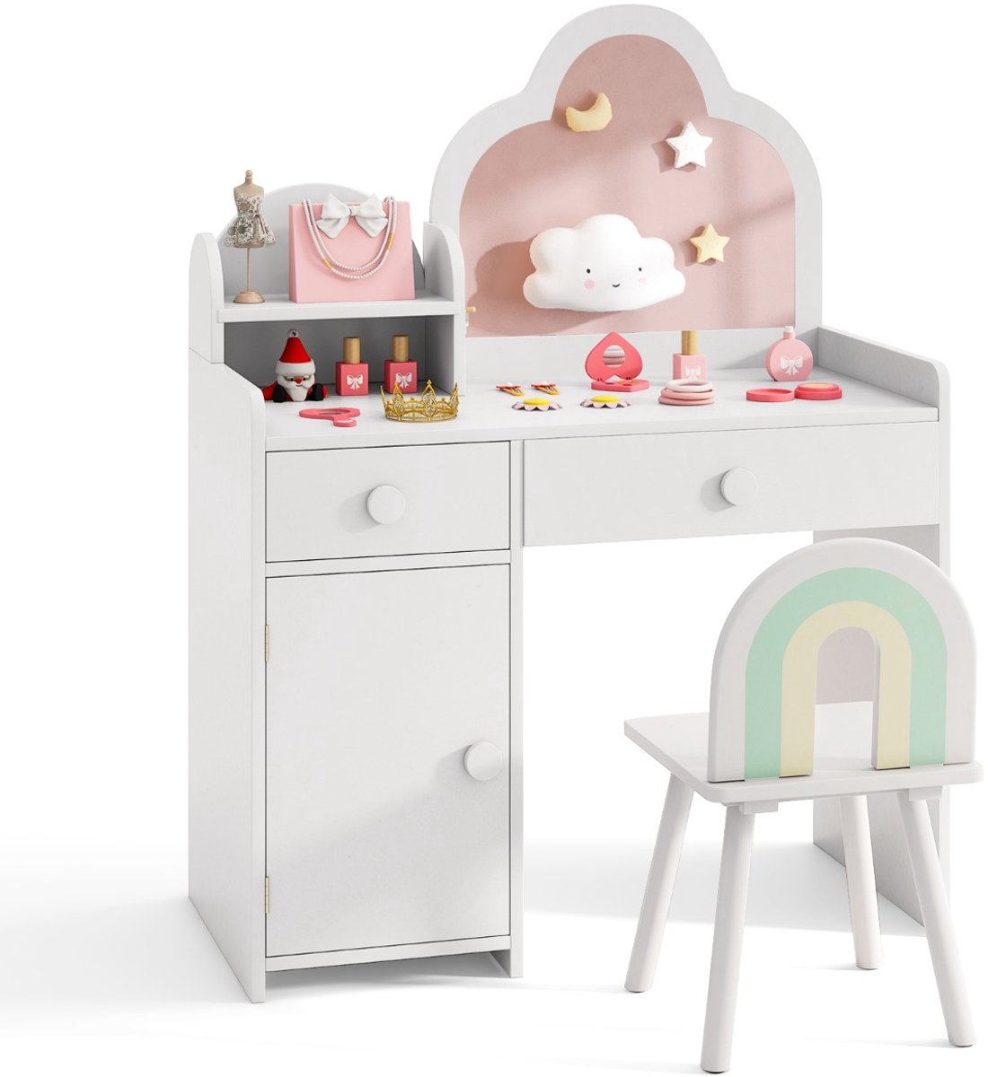 SureDeal® - Kaptafel - Make Uptafel - Kinderen Wolkvormig Kaptafel - Kruk Houten Kinderkaptafelset - Spiegel Kast - 80,5x40x98 cm - Wit