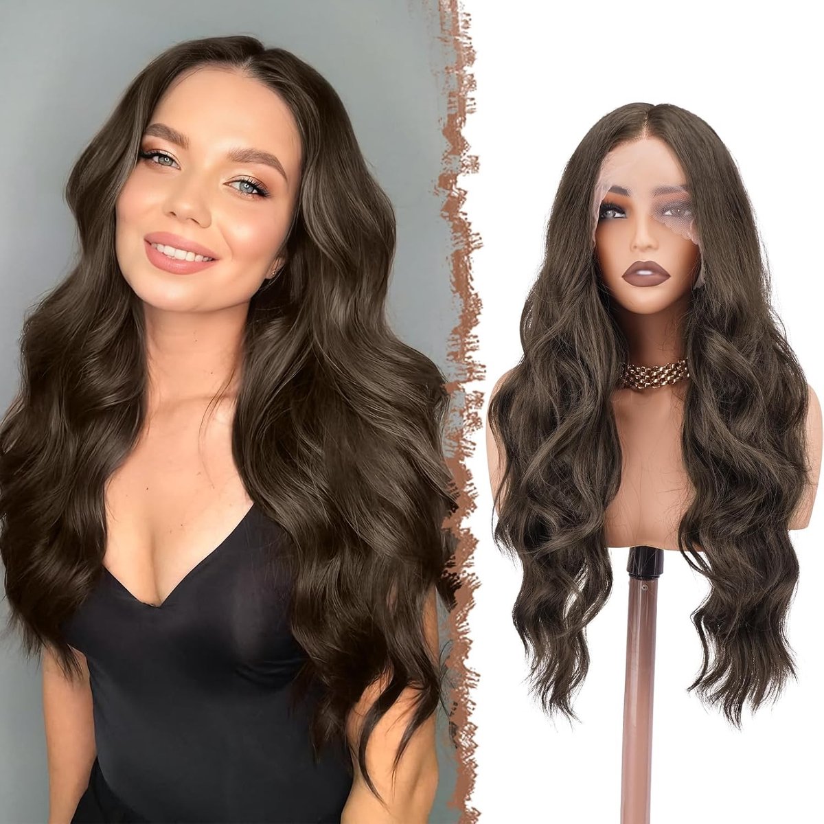 Lange Golvende Lace Front Perücken voor Vrouwen, 70 cm Medium Bruin Synthetisch Haar, Natuurlijk Uiterlijk en Comfortabel Draagcomfort