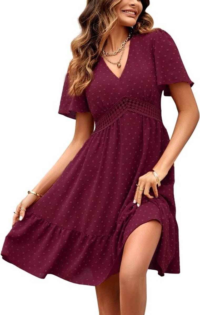 Zomer Jurk Dames V-Hals Korte Mouwen Hoge Taille Polka Dot Ruffle Mini Jurk