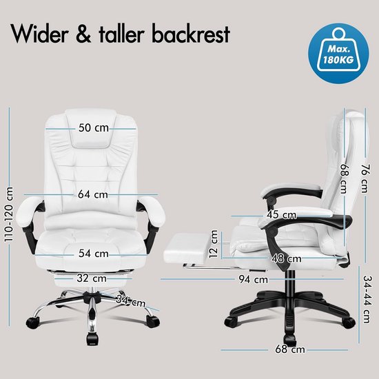 Ergonomische Bureaustoel - Comfortabele Werkstoel - Langdurig Zitten - Massage en Verwarming - Tot 180 kg - Wit — afbeelding 3