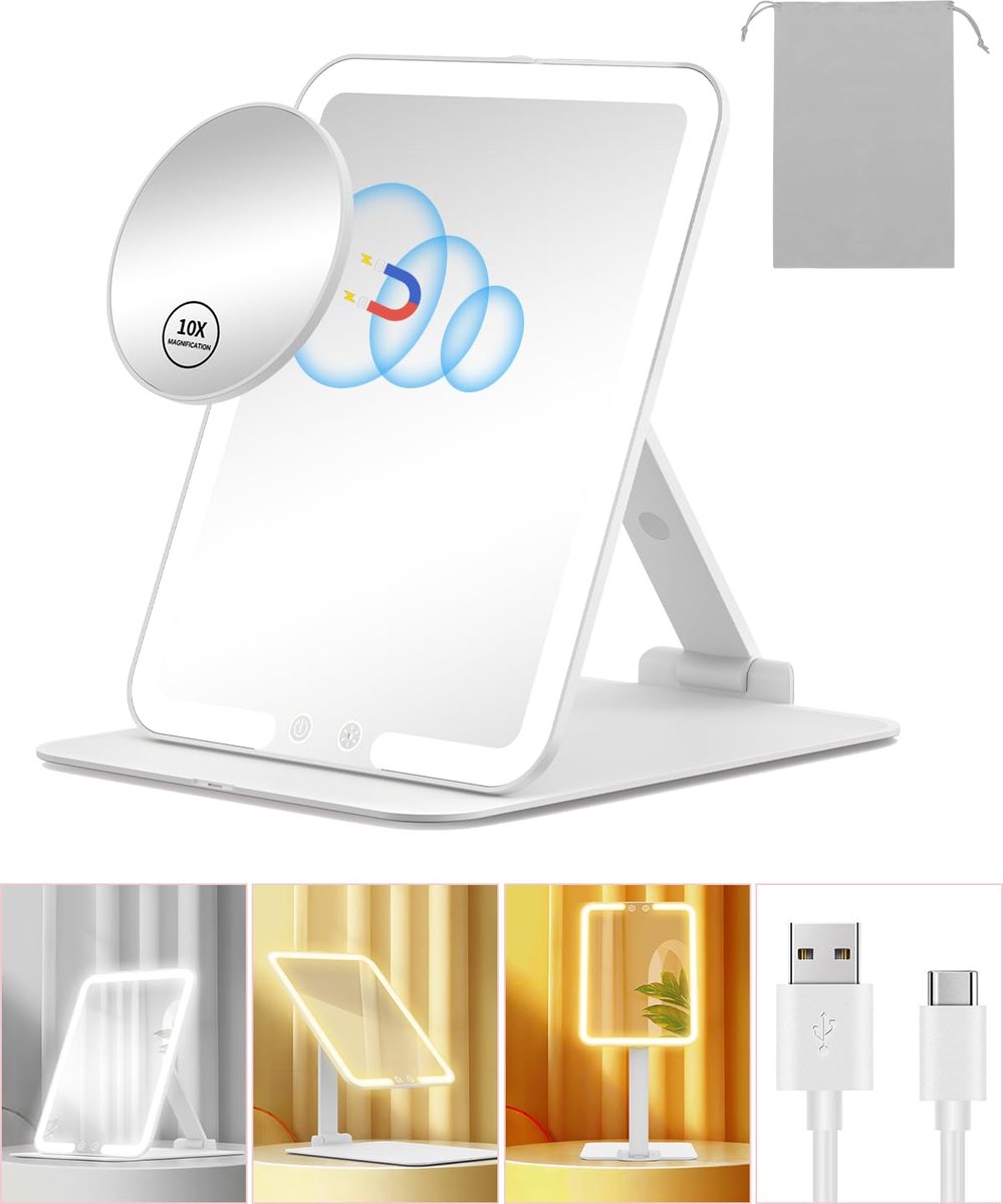 Reismake-upspiegel - Oplaadbaar - 10x Vergroting - Opvouwbare standaard - Licht met hoeksensor - 3 Lichtkleuren & Instelbare helderheid - Wit