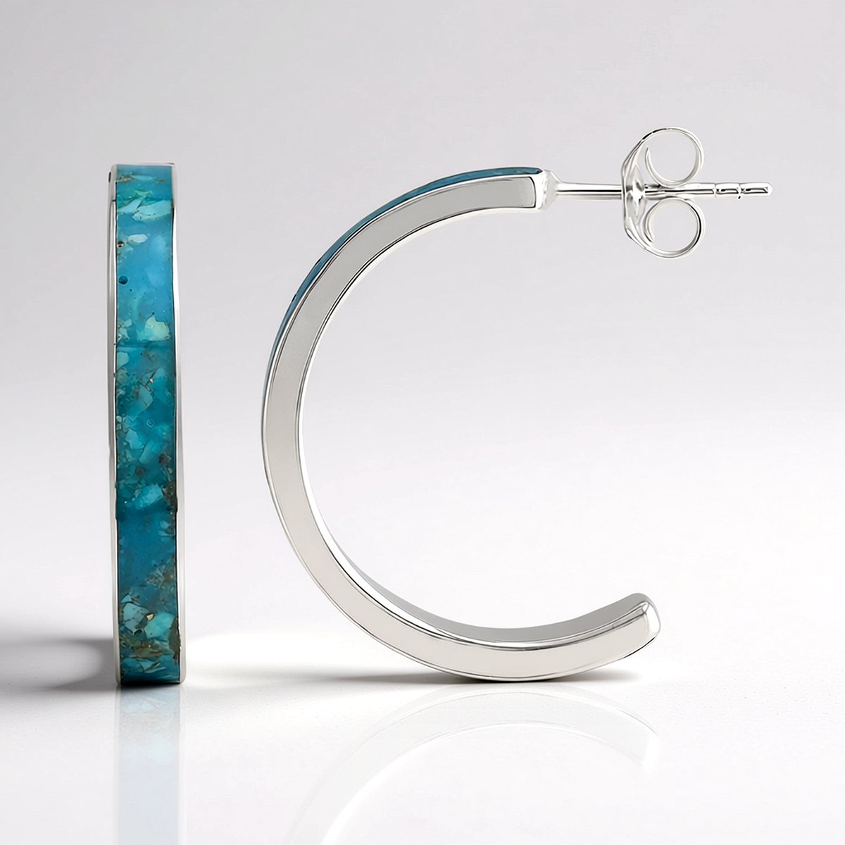 Cavill - Zilveren Hoepel Oorbellen - 925 Sterling Zilver - Blauwe Kingman Mohave Turkoois 0,75 ct - Mozaïek Fancy Slijpsel - 24 mm Elegant