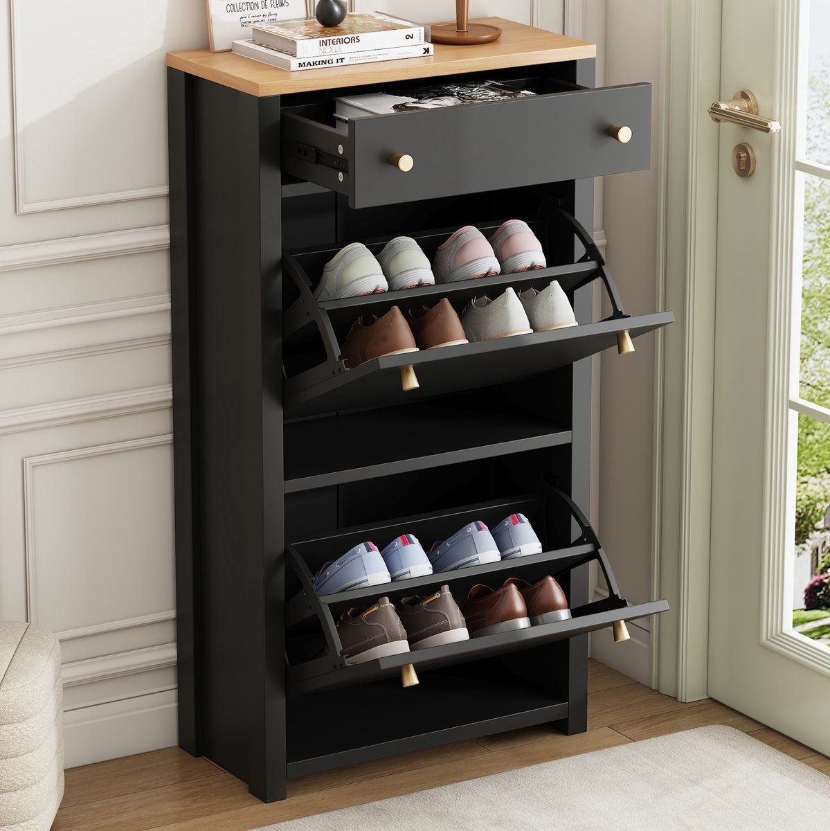 DESMIU Schoenenkast - Modern Design Met 1 Lade En 2 Klappen - Voor Hal En Entree - MDF - Zwart Met Houtlook - 50 X 24 X 95 Cm