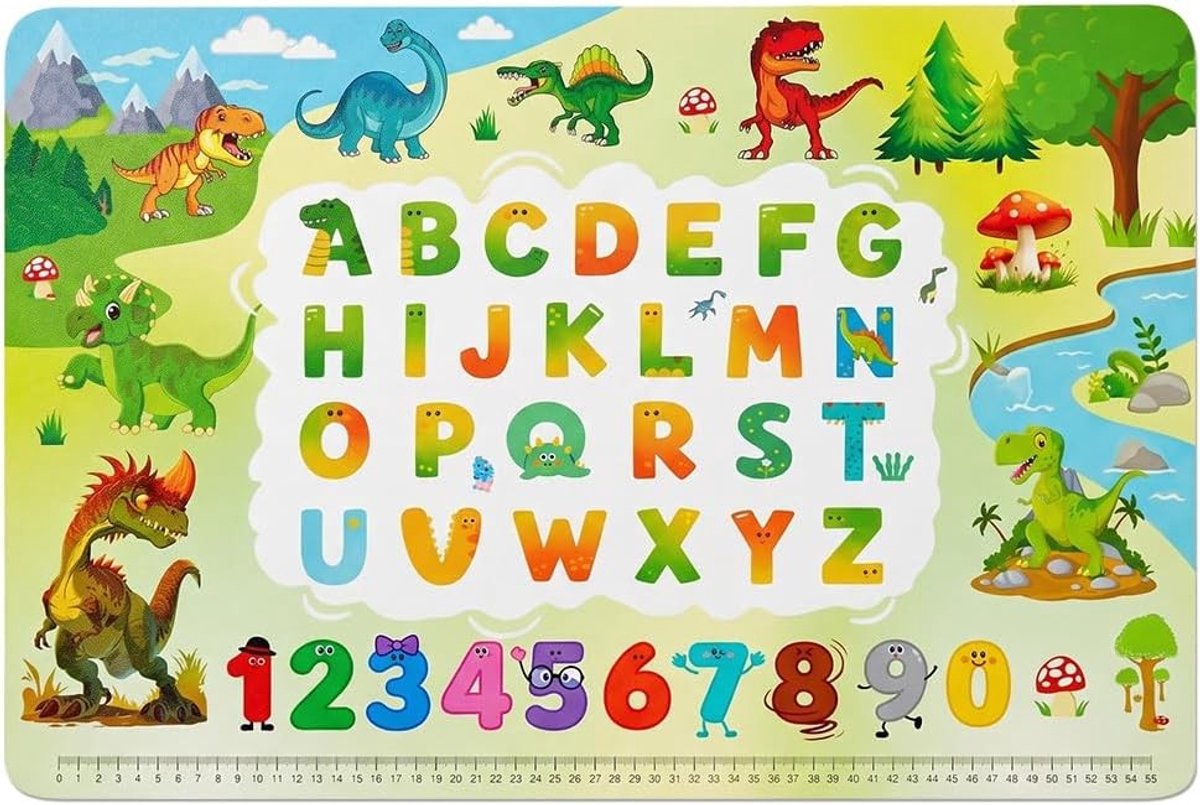 Afwasbare bureauonderlegger voor kinderen met dinosaurus en ABC-motief, ideaal voor kleuters en scholieren, stimuleert creativiteit en leren