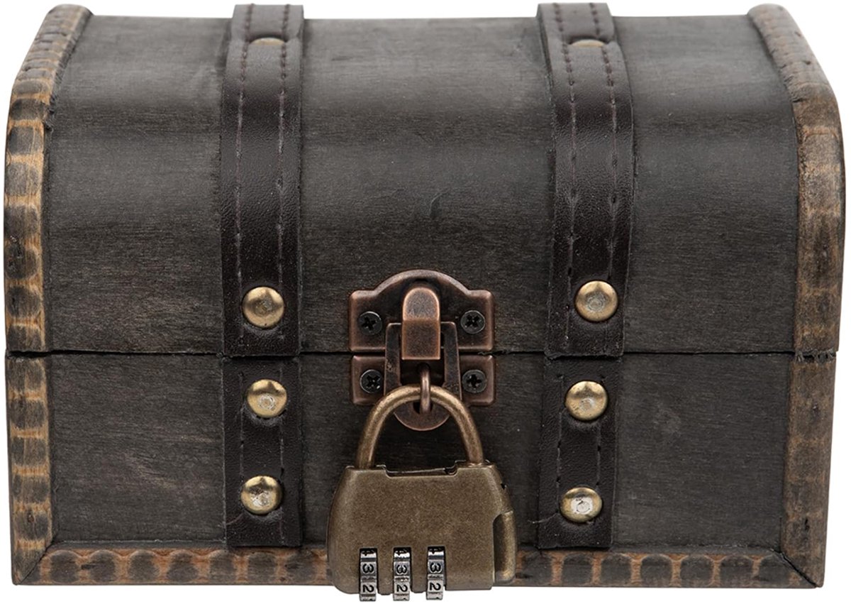 Houten sieradendoos met cijferslot - Sieradendoos - Doos voor kettingen - Houten piratenschatkist - Vintage, verweerd - Decoratie - Grijs