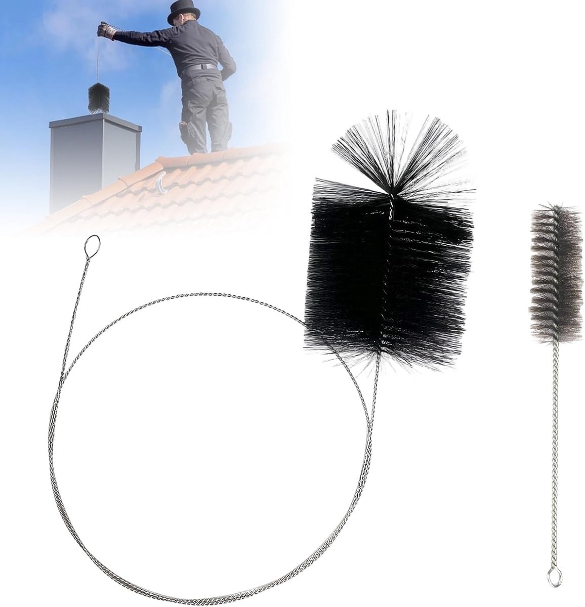 Set van 2 Schoonmaakborstels voor Kachelpijp - 170 mm Borstels voor Open Haard, Verwarmingsketel en Schoorsteen met Duwstang, Ideaal voor Flue Duct en Schoorsteenvegen