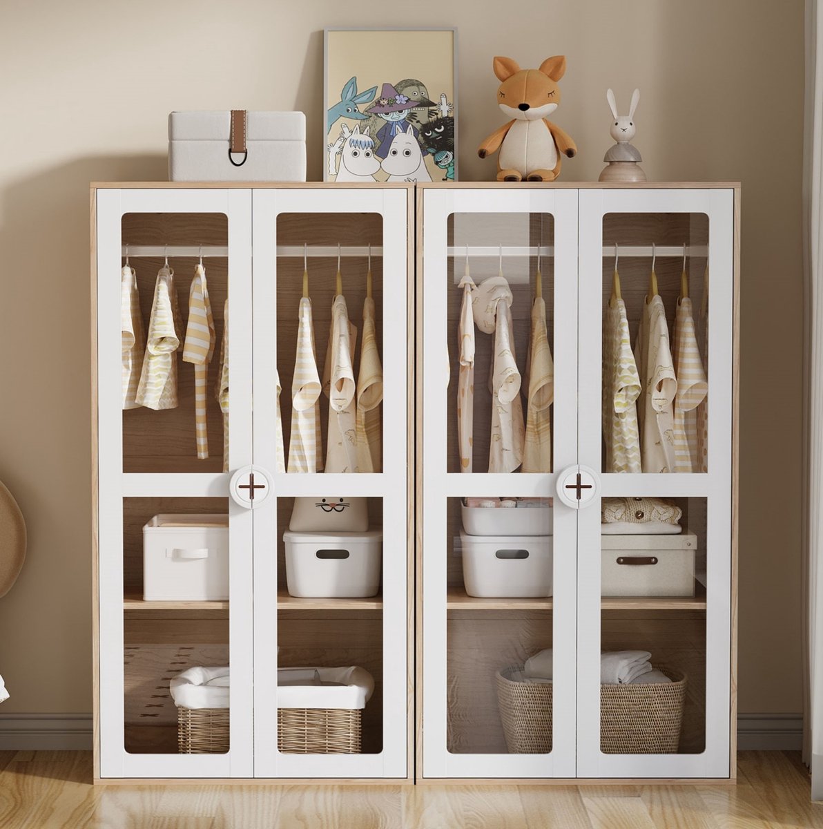 DESMIU Kinderkleiderschrank - Dubbele Deur Met Acryltuig En Hangroede - Verstelbare Planken Voor Kinderkamer - Hout - Wit Naturel - 160x50x150 Cm